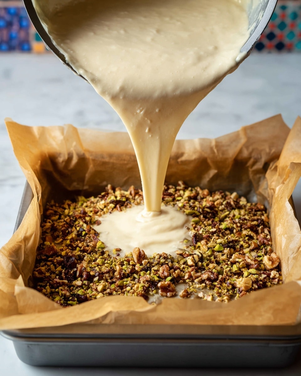 A metal baking pan lined with crispy, light golden-brown phyllo dough sheets forms the base layer, their edges slightly crinkled and rising above the pan’s rim. Inside, clusters of mixed nuts in dark brown tones with bits of green pistachios are spread evenly as the second layer. From above, creamy, thick batter in a pale beige color is being poured down the center, slowly covering the nut layer with a smooth texture. The background shows a white marbled surface and hints of a colorful tiled wall. photo taken with an iphone --ar 4:5 --v 7