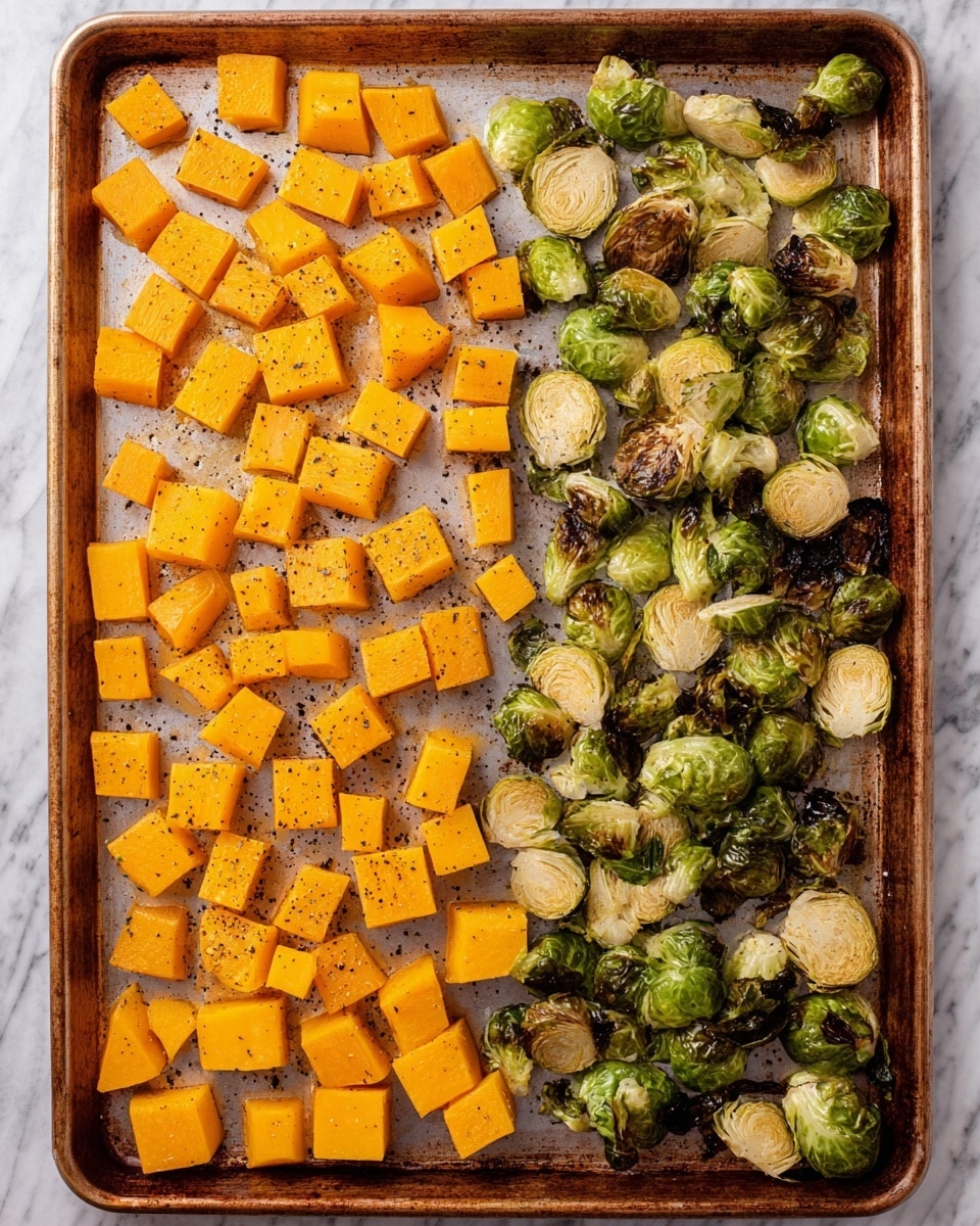 A baking tray is filled with two types of roasted vegetables, separated vertically in the middle. On the left side, there are bright orange cubes of roasted butternut squash, each piece lightly seasoned with black pepper and showing a tender, slightly caramelized texture. On the right side, roasted Brussels sprouts are cut into halves and quarters, showing golden brown, slightly crispy edges mixed with vibrant green inner leaves. The tray surface beneath them is a warm metal tone, and the whole scene is set against a white marbled background. photo taken with an iphone --ar 4:5 --v 7
