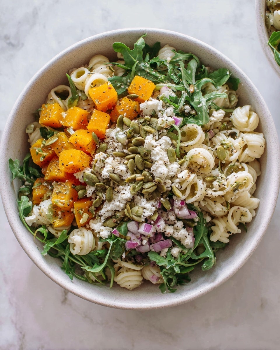 A white bowl filled with a layered salad starting with curly white pasta at the base, topped with small orange cubes of squash, green arugula leaves, and scattered white crumbled cheese. There are also light green pumpkin seeds and very small chopped purple onions sprinkled on top, with a light coating of black pepper all over the dish. The bowl rests on a white marbled surface with soft natural lighting. photo taken with an iphone --ar 4:5 --v 7