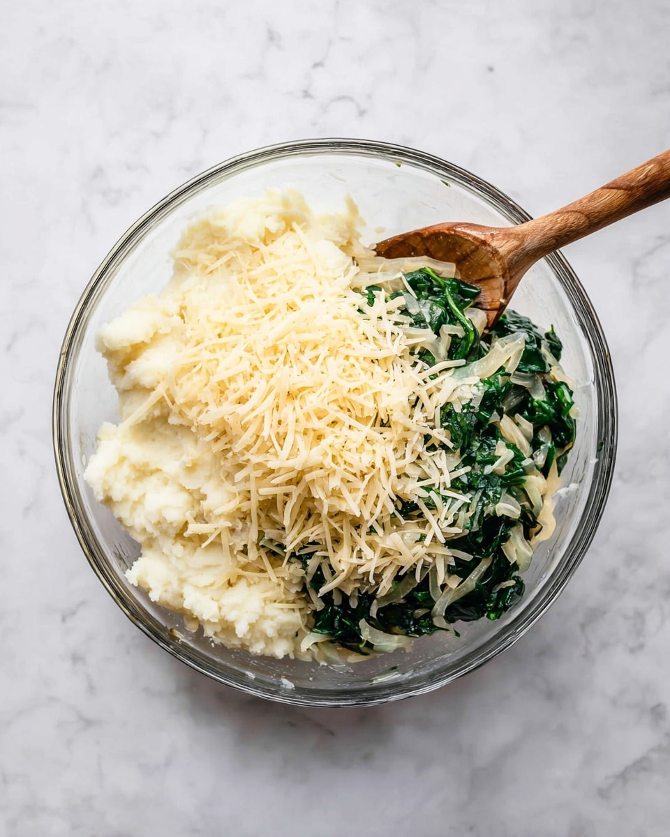 A clear glass bowl sits on a white marbled surface, filled with three main layers of ingredients. The bottom layer is soft, white mashed potatoes covering half the bowl. Next to it, there is a layer of cooked dark green spinach mixed with translucent cooked onions. On top of the spinach and part of the potatoes, there is a generous pile of shredded pale yellow cheese. A wooden spoon rests inside the bowl, partially submerged in the potatoes. photo taken with an iphone --ar 4:5 --v 7