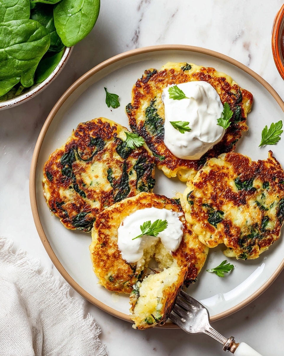 The image shows four golden brown potato pancakes with crispy dark green spinach leaves mixed inside, arranged on a white plate. Two of the pancakes have a dollop of thick white sour cream topped with small green herb leaves. A silver fork with a white handle is holding a piece of one pancake, showing the soft, light yellow inside. The plate is placed on a white marbled surface with part of a white bowl of fresh spinach leaves visible on the left side, and a white cloth napkin partially in the bottom left corner. photo taken with an iphone --ar 4:5 --v 7