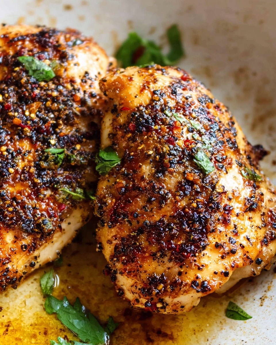 Two pieces of cooked chicken with a golden brown and slightly spicy crust covered with black pepper flakes are placed closely together in a white pan. The chicken skin looks crisp, textured with a mix of charred and well-cooked spots. There are a few green herbs, likely parsley, near the chicken adding a fresh touch. The pan has some oil and juices visible, making the scene look moist and savory. The background is a white marbled texture photo taken with an iphone --ar 4:5 --v 7