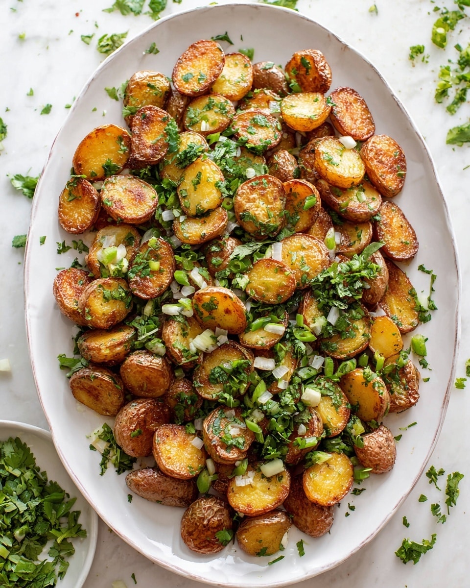 An oval white plate filled with many small, golden-brown crispy roasted potatoes, each sliced in half showing a smooth, soft inside and a browned, crunchy outside. The potatoes are topped with a thick layer of freshly chopped green herbs including cilantro and green onions, scattered evenly all over. The plate sits on a white marbled surface with some herbs spilled around the edges for a natural look. Photo taken with an iphone --ar 4:5 --v 7