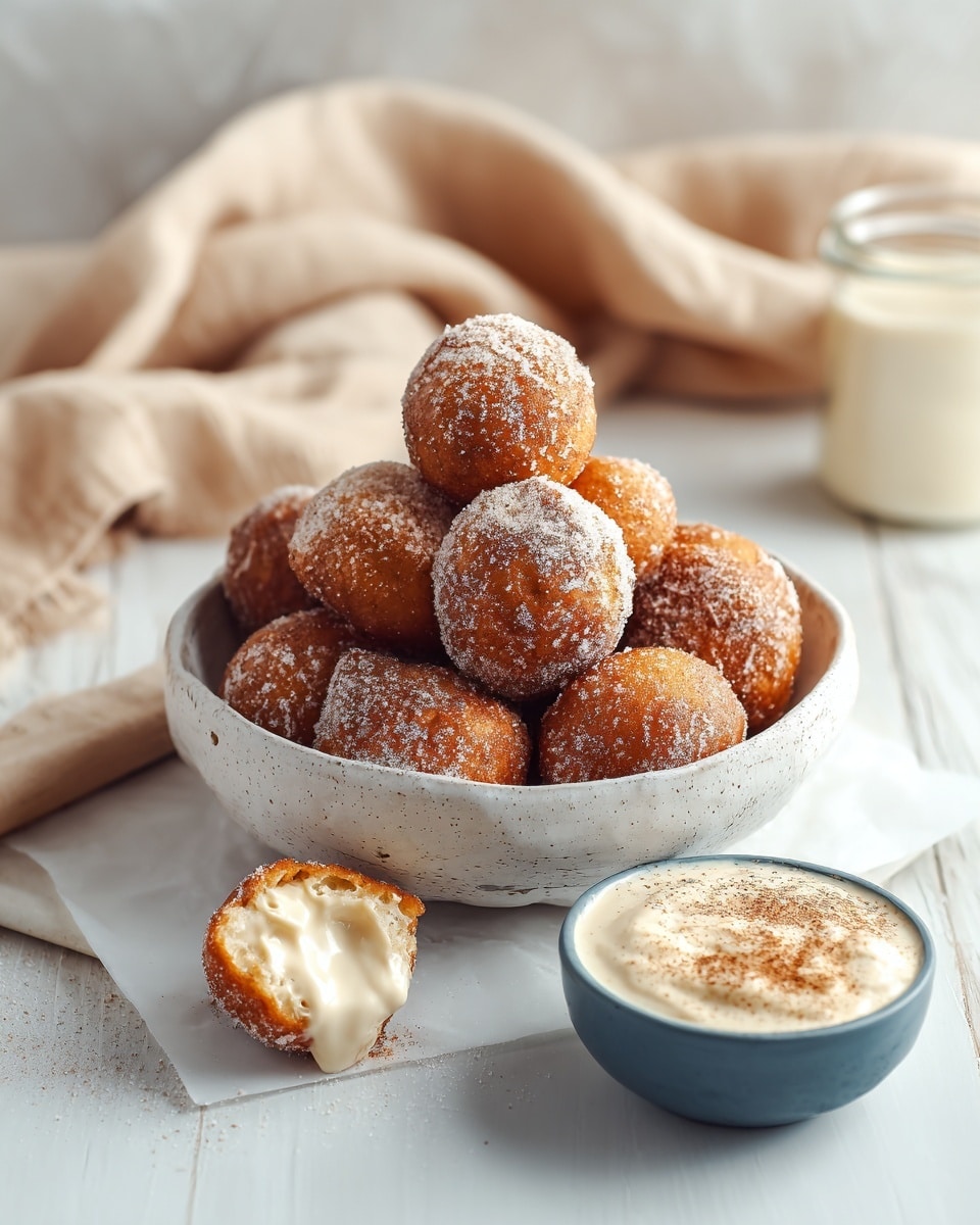 A bowl filled with two layers of round, golden-brown fried dough balls covered in sugar is placed on a white marbled surface; the bowl is white with a slightly rough texture. One ball outside the bowl is bitten open to show a creamy white filling inside. Next to it is a small blue bowl filled with a light cream sauce topped with a dusting of brown powder. In the background, there is a beige cloth softly draped and a jar with cream. Photo taken with an iphone --ar 4:5 --v 7