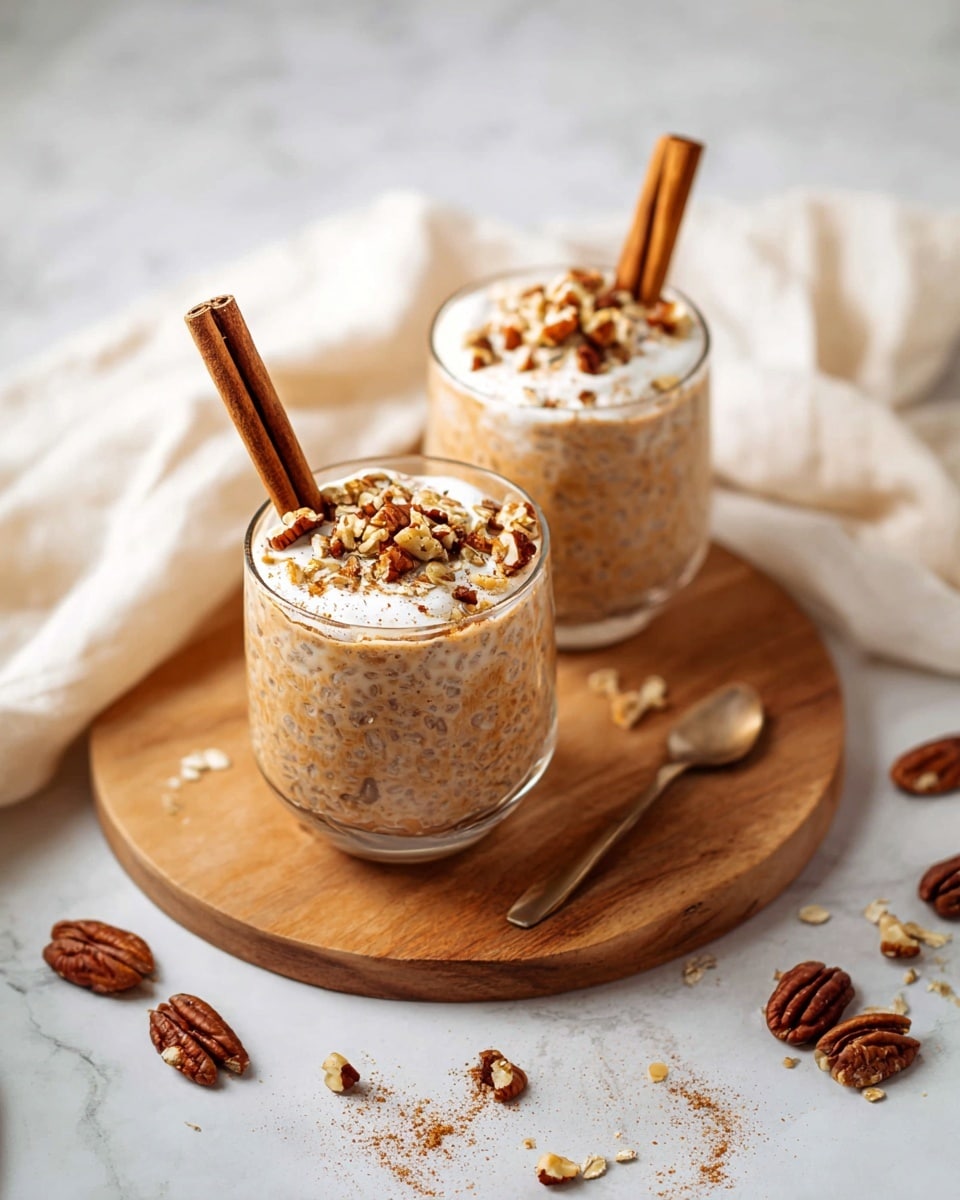 Two clear glasses are filled with a creamy light brown oatmeal mix, each topped with a white dollop of yogurt in the center. Around the yogurt are small pieces of chopped pecans and a sprinkling of brown cinnamon powder. Each glass has a single whole brown cinnamon stick standing upright inside. The glasses sit on a round wooden board, placed on a white marbled surface. Scattered chopped pecans and extra cinnamon sticks lie around the board. A soft white cloth is casually spread in the background. photo taken with an iphone --ar 4:5 --v 7