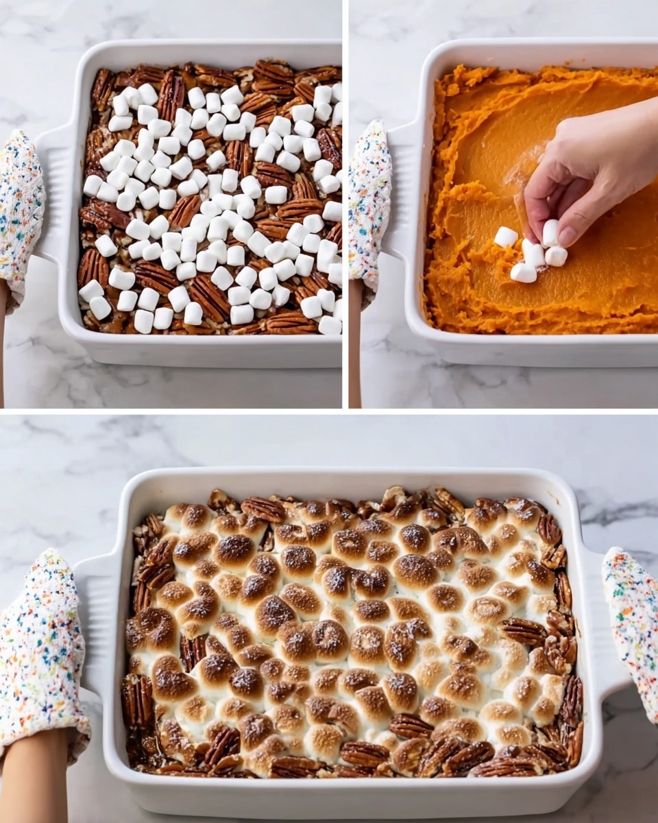 The dish is shown in three stages inside a white baking dish placed on a white marbled surface. The first layer is an orange, smooth sweet potato mash spread evenly across the base of the dish. On top of this, there is a layer of brown pecan nuts scattered widely. Next, a woman's hand sprinkles small white marshmallows all over the pecans, adding a soft, puffy texture contrasting the nuts. The final image shows the dish after baking, where the marshmallows have turned golden brown, covering the pecans and sweet potato smoothly with a toasted, bubbly surface, some parts slightly caramelized. The dish is held with white oven mitts speckled with colorful dots. Photo taken with an iphone --ar 4:5 --v 7