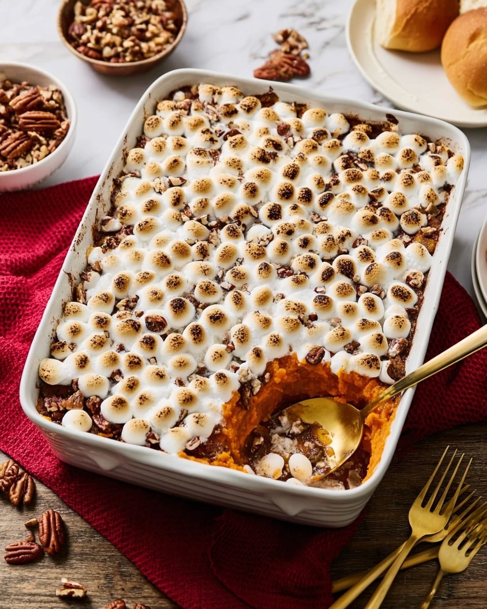 A white rectangular baking dish filled with a layered sweet potato casserole sits on a white marbled texture surface. The top layer is a golden brown and toasted mini marshmallow crust, with some darker toasted spots and scattered pecan pieces visible through the marshmallows. Underneath, a thick orange sweet potato layer can be seen where a scoop has been taken out with a gold spoon. Around the dish, there is a red cloth napkin, a small white bowl with chopped pecans, a partially torn bread roll, and part of a white plate with a gold fork. The photo taken with an iphone --ar 4:5 --v 7