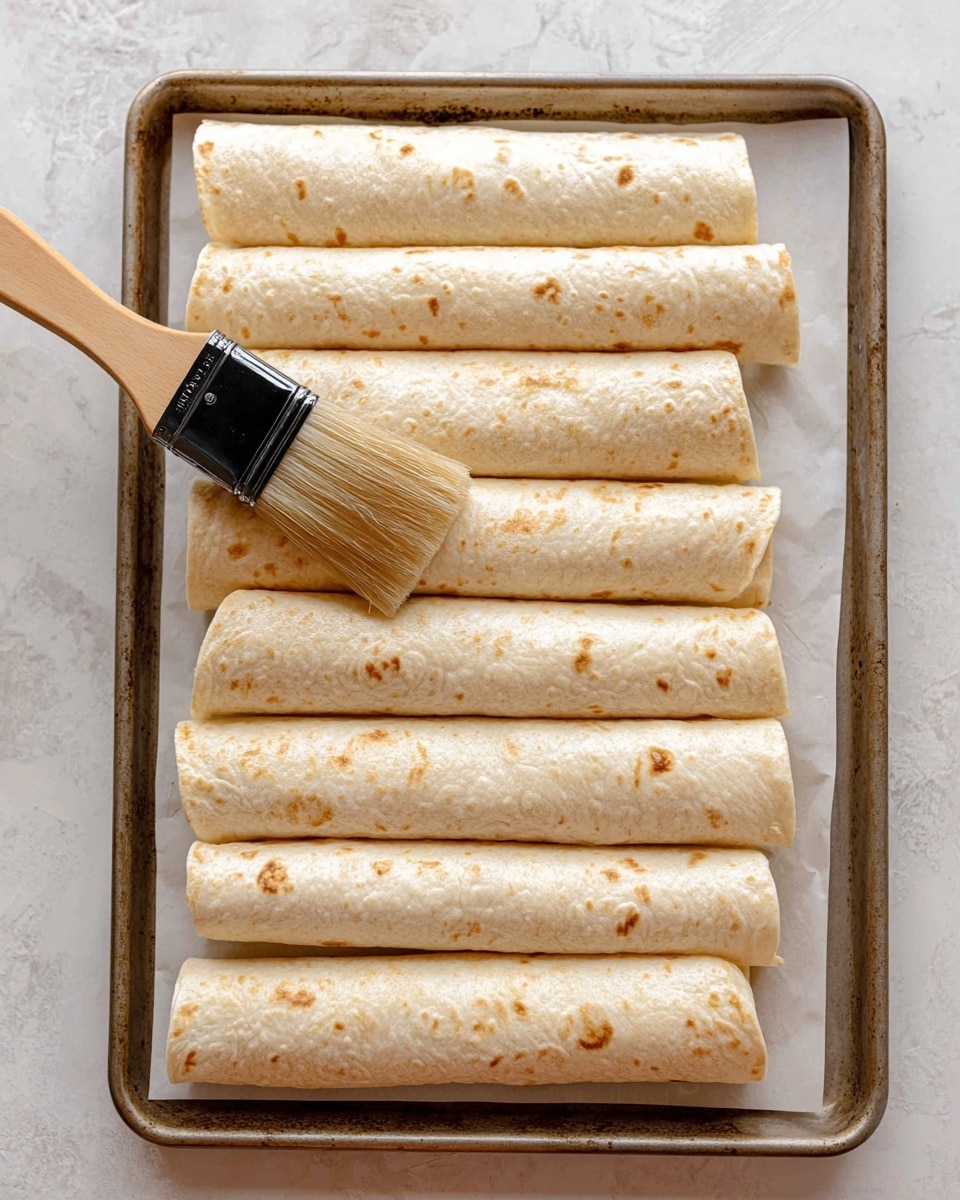 A baking tray with eight rolled tortillas placed closely in two neat rows on white parchment paper. The tortillas are light beige with small brown spots, tightly wrapped with no visible filling. A wooden brush with light bristles and a black metal band is brushing oil or butter onto the tortillas, creating a shiny glaze on their surface. The tray sits on a white marbled textured surface. Photo taken with an iphone --ar 4:5 --v 7