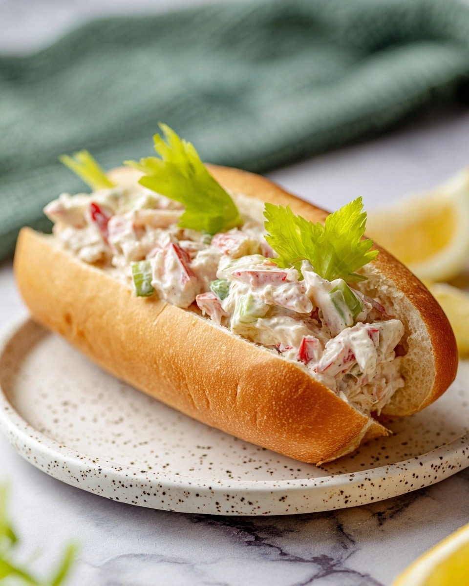 The image shows a soft golden brown sandwich roll sliced open and filled with a creamy salad mixture. The salad inside has three main layers: small red and white crab stick pieces, thin white strips of meat or vegetable, and pale green small celery pieces all covered in a white creamy sauce speckled with herbs. Three pale green celery leaf pieces are placed on top as garnish. The sandwich sits on a white plate with small black speckles, resting on a white marbled surface. A lemon wedge is visible at the bottom right corner and a blurred green cloth is in the background. Photo taken with an iphone --ar 4:5 --v 7