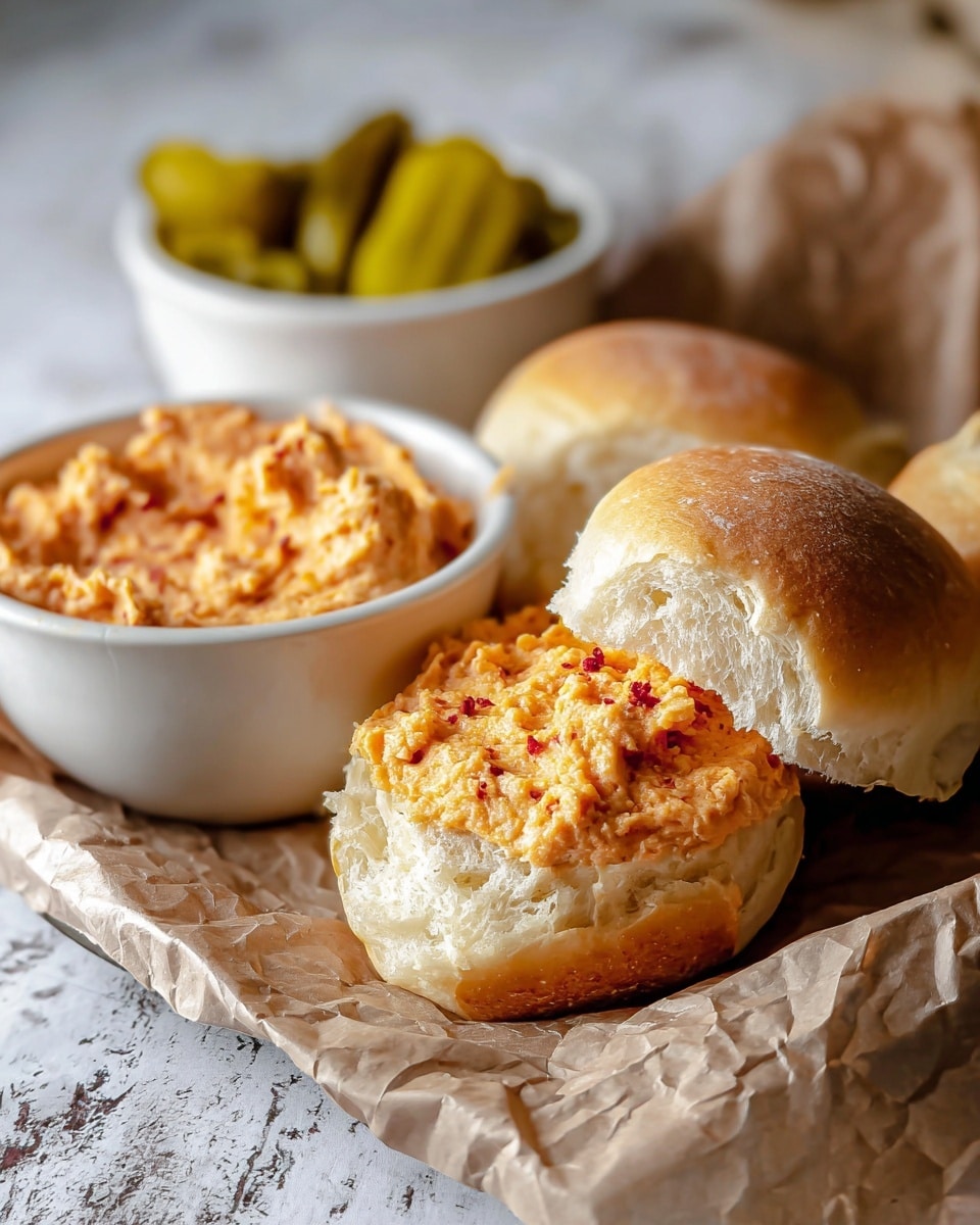 The image shows soft white rolls with a lightly browned crust, one roll is split open revealing a thick layer of orange creamy spread with specks of red, giving it a rich texture. Next to the rolls is a white bowl filled with the same orange spread, which has a chunky and creamy appearance. Behind the bowl, there is a small white bowl containing some yellow-green pickled vegetables. All items are placed on a crinkled parchment paper over a surface with a white marbled texture. The background is softly blurred, focusing on the rolls and spread in the foreground. Photo taken with an iphone --ar 4:5 --v 7