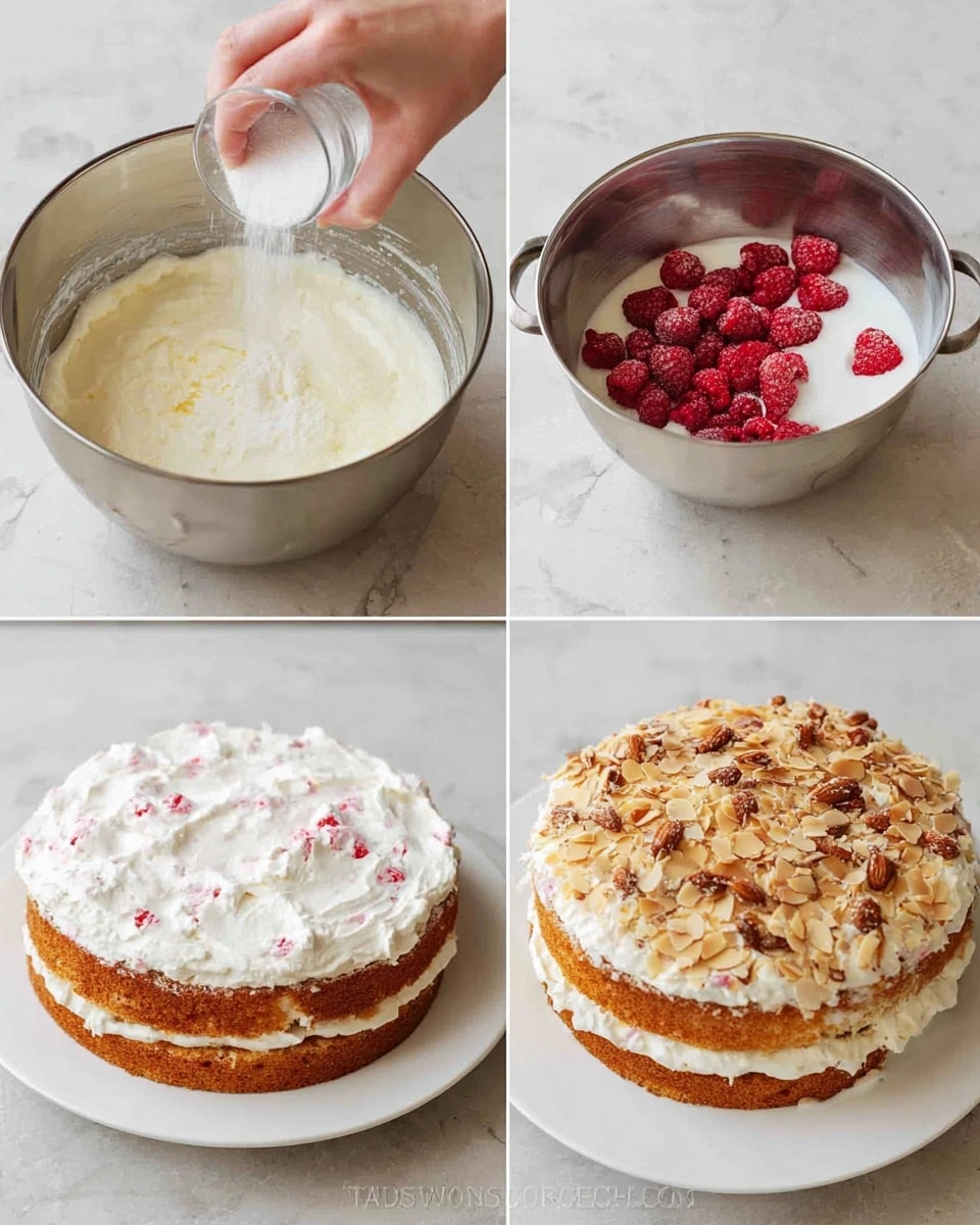 The image shows four steps of making a layered cake on a white marbled surface. The first step shows a woman's hand pouring granulated sugar into a large shiny metal mixing bowl with white cream inside. The second step shows fresh red raspberries added on top of the whipped white cream inside the same metal bowl. The third step shows the first cake layer on a white plate topped with a thick layer of white cream mixed with bits of pink raspberry. The fourth step shows the finished cake with two thick golden-brown cake layers, white cream filling in the middle dotted with raspberries, and the top layer covered with a lightly toasted, rough-textured topping sprinkled with chopped almonds. Photo taken with an iphone --ar 4:5 --v 7