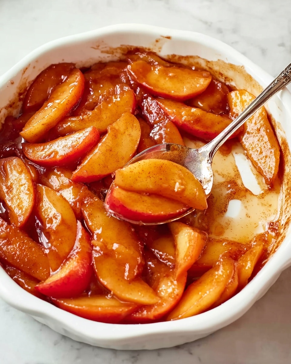 The image shows a round white ceramic dish filled with soft, cooked apple slices. The apple slices are golden brown and reddish in color, coated in a shiny, thick cinnamon-spiced sauce. The sauce pools slightly at the bottom, giving the apples a glistening look. A silver spoon is scooping some apples from the dish, with its handle resting inside. The dish sits on a white marbled surface. photo taken with an iphone --ar 4:5 --v 7