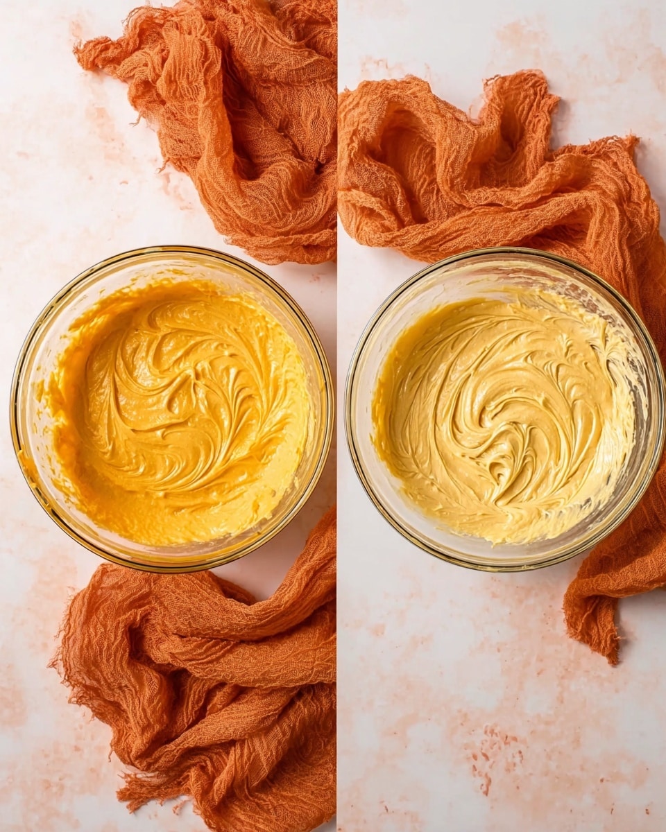 This image shows two clear glass bowls with orange batter inside, placed side by side on a white marbled surface. Each bowl contains one layer of batter with a smooth texture; the left bowl’s batter is thicker with swirling patterns around the center, while the right bowl’s batter looks lighter and creamier with soft peaks. A crumpled orange cloth is positioned behind both bowls. photo taken with an iphone --ar 4:5 --v 7