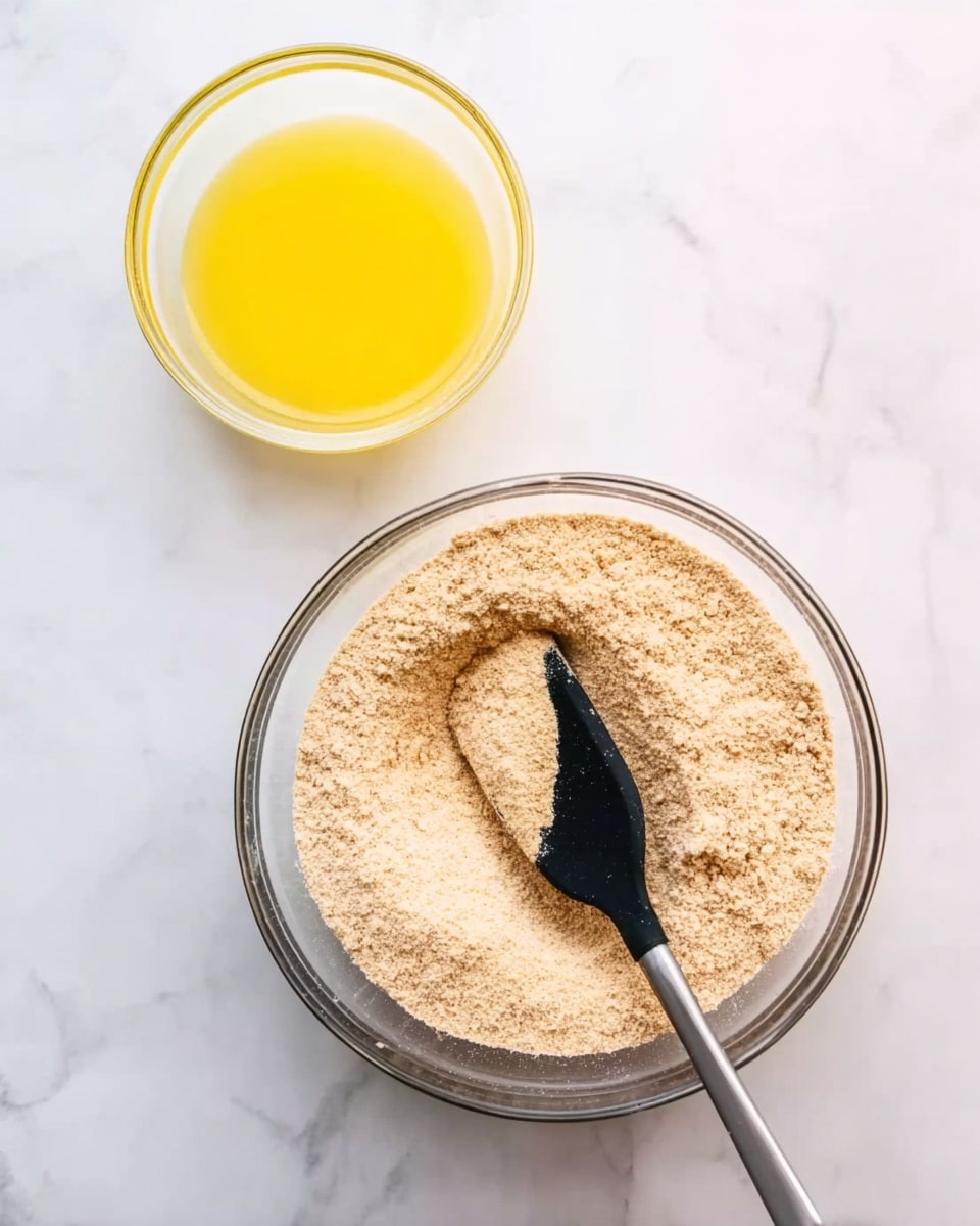 The image shows two clear round bowls on a white marbled surface. The larger bowl at the bottom holds a fine, light beige powder with a black spatula resting inside it. Above it is a smaller bowl filled with a bright yellow liquid. The arrangement is simple and clean, with a focus on the texture and color of the ingredients. Photo taken with an iphone --ar 4:5 --v 7