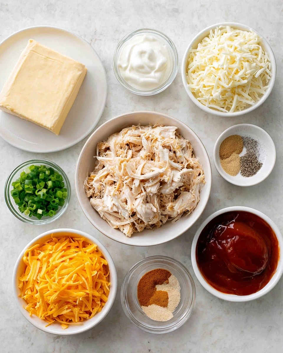 In a large beige bowl with a rough texture, there are four main layers: a block of white cream cheese on the right, topped with bright green chopped scallions, an orange layer of sauce on the left, and a light tan dry powder on top near the cream cheese. A wooden spoon rests inside the bowl, leaning toward the left. Around the bowl on a white marbled surface, there are small white bowls containing shredded white cheese, shredded yellow cheese, a small amount of black pepper, and shredded meat. Photo taken with an iphone --ar 4:5 --v 7
