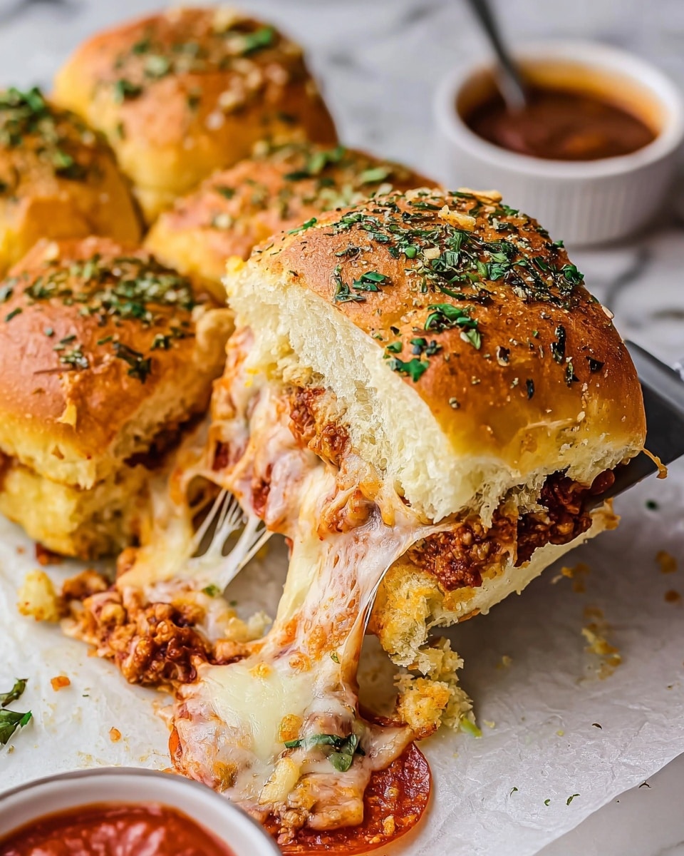 The image shows a close-up of a pulled apart sandwich held by a spatula, revealing layers inside: the top layer is a golden brown bun sprinkled with green herbs and a light crust, below it is a layer of melted, stretchy white cheese mixed with red tomato sauce, underneath are small crumbles of cooked meat and a slice of pepperoni, and the bottom layer is another soft, golden bun. The sandwiches are placed on white parchment paper over a white marbled surface. In the background, there are two small white bowls with sauces, one red and one brown. photo taken with an iphone --ar 4:5 --v 7
