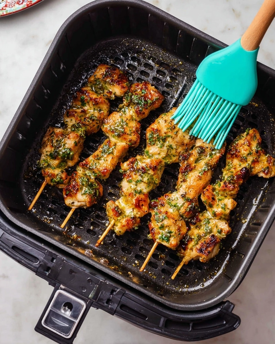 The image shows an air fryer basket with four skewers of cooked chicken pieces. Each skewer has several chunks of golden-brown chicken topped with a green herb and garlic sauce, giving a textured, slightly chunky look. The skewers lie flat inside the black air fryer basket, which has small holes and some browned spots from cooking. A turquoise silicone basting brush with a wooden handle rests on the right side, touching one of the skewers. The whole scene is placed on a white marbled surface. photo taken with an iphone --ar 4:5 --v 7