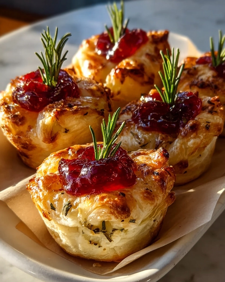 The image shows five golden-brown baked pastry cups arranged closely on a white plate lined with light parchment paper. Each cup has a flaky, puff pastry base with visible layers and specks of herbs baked into it, giving a textured and slightly crispy look. On top of each pastry is a bright red, glossy dollop of jelly or jam, adding a shiny and smooth contrast. A small green rosemary sprig stands upright in the middle of each cup, adding height and a fresh look. The background is a soft blur with warm sunlight highlighting the rich colors and textures, all placed on a white marbled surface. photo taken with an iphone --ar 4:5 --v 7