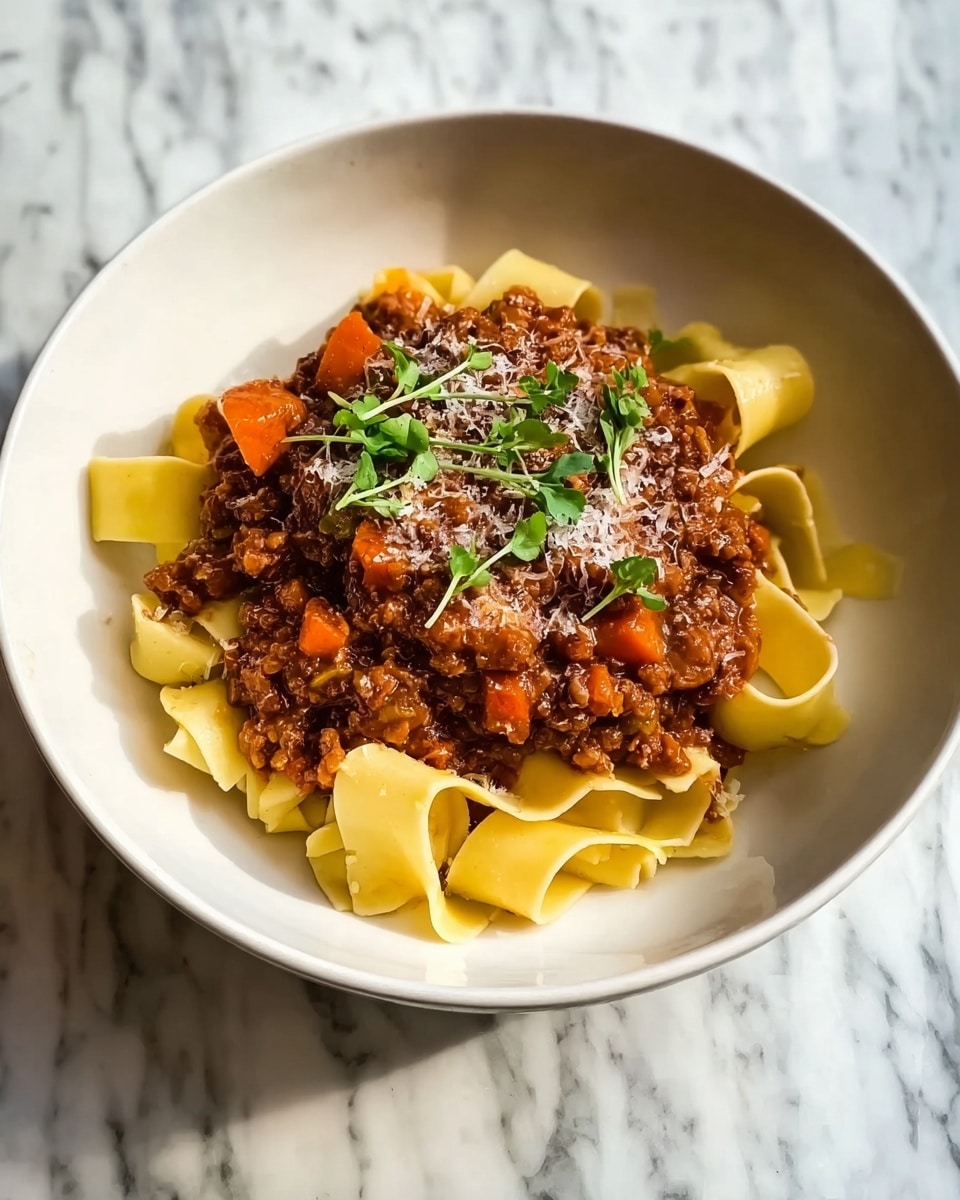A white bowl holds a dish with three main layers: at the bottom is a layer of wide, flat pasta ribbons in a pale yellow color, loosely arranged with soft folds; on top is a thick layer of rich brown meat sauce with visible chunks of cooked carrots and small bits of green herbs, giving a textured look; the dish is finished with a light sprinkle of grated cheese and a few sprigs of fresh green herbs placed on the meat sauce. The bowl is set on a white marbled surface. Photo taken with an iphone --ar 4:5 --v 7