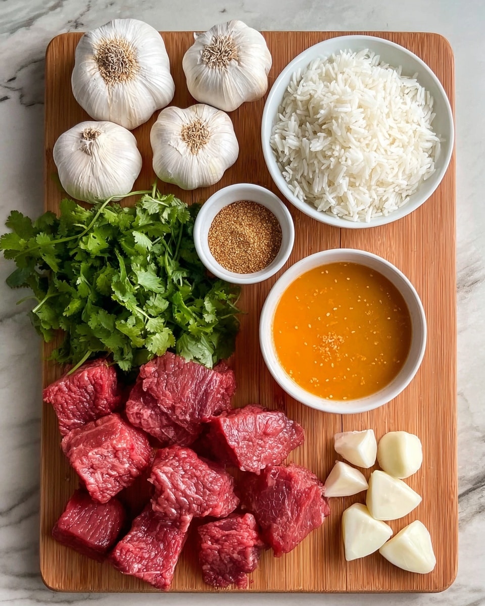 The image shows a wooden cutting board on a white marbled surface, displaying fresh cooking ingredients. On the top left are five whole garlic bulbs with their white papery skins. To the right, there is a white bowl filled with cooked white rice, and next to it is another white bowl holding a grainy brown powder. Below the first rice bowl, a third white bowl contains a smooth, bright orange sauce with small specks. On the left side of the board, a bunch of fresh green cilantro leaves adds a touch of color. Below the sauce and cilantro, several raw red meat pieces are arranged in two groups: larger flat slices on the left and smaller cube-like pieces on the right. At the bottom right corner, four peeled garlic cloves are placed together, showing their smooth, white texture. The overall presentation is neat and organized. photo taken with an iphone --ar 4:5 --v 7