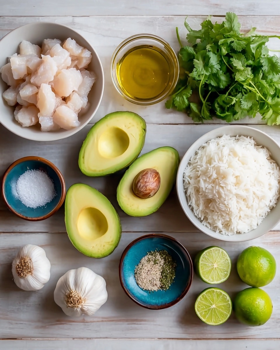 The image shows ingredients arranged on a white marbled surface, including a white bowl with small raw pale pink chunks at the top left and two white bowls filled with white cooked rice located to the right. In the center, there are three avocado halves: two without pits showing creamy green insides, and one with a large brown pit. Above the avocados, there is a glass with golden oil and a bunch of fresh green cilantro leaves next to a small blue and brown bowl with white salt. Below the avocados, there is a head of garlic with white papery skin and a small blue bowl containing a mix of white and green spices. On the right side, there are several bright green lime halves arranged in a line. Photo taken with an iphone --ar 4:5 --v 7