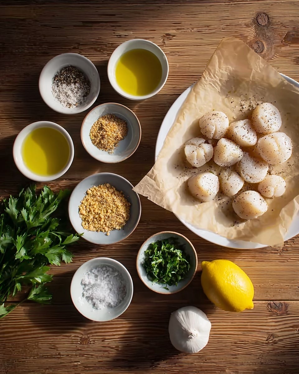 The image shows a wooden table with several ingredients neatly arranged. In the top right corner, there is a white plate with small white scallops sprinkled with black pepper, laid over brown parchment paper. Around the plate, there are small white bowls containing light yellow olive oil, white coarse salt, chopped green herbs, breadcrumbs, and mixed yellow and brown spices. Fresh green parsley and a whole white garlic bulb rest on the table. A yellow lemon is positioned near the bottom right corner, close to the bowls. The setting is simple with natural lighting, emphasizing the textures and colors of the ingredients. Photo taken with an iphone --ar 4:5 --v 7