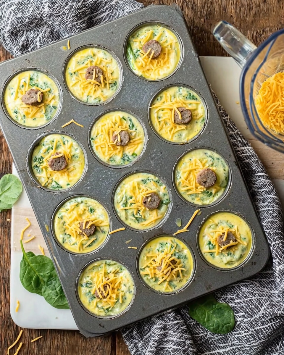 A metal muffin tray filled with twelve uncooked egg muffins, each cup filled with a pale yellow mixture with visible green spinach bits. Each muffin cup has a layer of shredded orange cheese scattered on top along with a small piece of sliced sausage, centered on the surface. The tray sits on a white marbled surface with a wooden texture beneath and a gray-striped kitchen towel partly around the tray. A blender filled with the same egg mixture is partially visible on the right side. A single spinach leaf lies beside the tray. Photo taken with an iphone --ar 4:5 --v 7