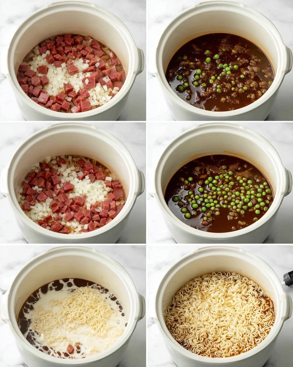A white rice cooker pot is shown in six steps. The first layer consists of red meat chunks and chopped white onions mixed with minced ingredients, resting at the bottom of the pot. In the second step, a dark brown sauce is poured over the meat and onions. The third image shows the sauce fully covering the meat and onions, with the dark brown color contrasting the white pieces. The fourth step adds small green peas floating on the surface of the thick brown liquid. In the fifth image, a white creamy liquid is poured into the pot, blending with the peas and brown sauce beneath. The last step fills the pot with a generous amount of cooked pale yellow egg noodles, covering the entire surface above the liquid. The scene is set on a white marbled surface. photo taken with an iphone --ar 4:5 --v 7