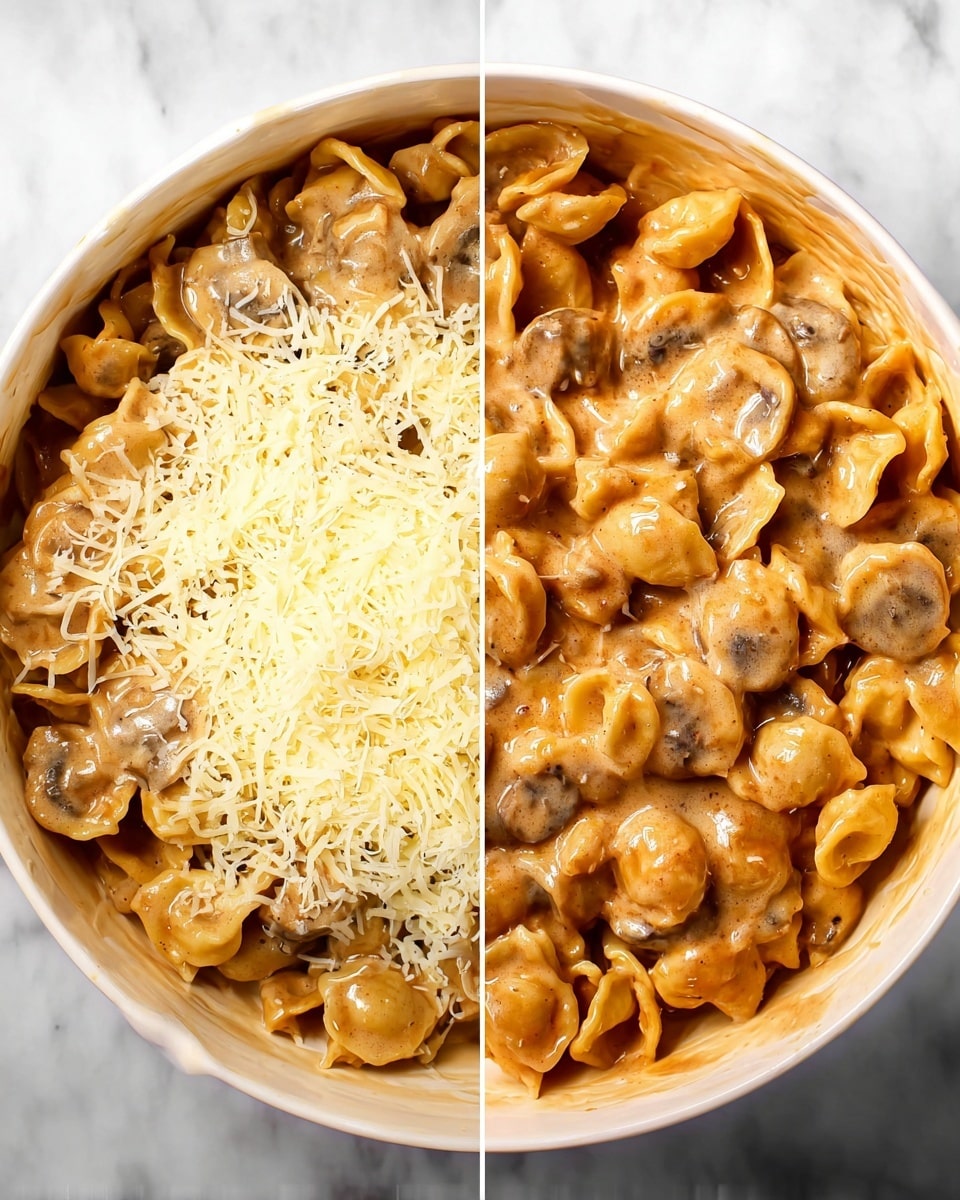 A white bowl filled with creamy brown orecchiette pasta coated in a smooth sauce, with small mushroom slices mixed throughout. In the left part of the image, there is a layer of finely shredded light yellow cheese sprinkled on top of the pasta. The right part shows the same pasta after the cheese has melted slightly into the sauce, blending a bit with the creamy texture. The dish is placed on a white marbled surface. photo taken with an iphone --ar 4:5 --v 7