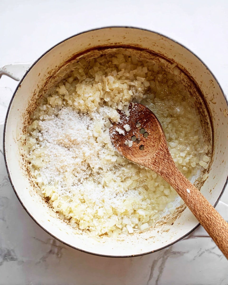 A close-up of thick broccoli soup inside a white pot, filled with creamy light green broth with visible small green broccoli pieces evenly spread throughout. A wooden ladle with a round metal scoop is dipping into the soup, holding a mix of the green broccoli chunks and the creamy soup, with small black pepper specks scattered on the surface. The background features a white marbled texture. photo taken with an iphone --ar 4:5 --v 7