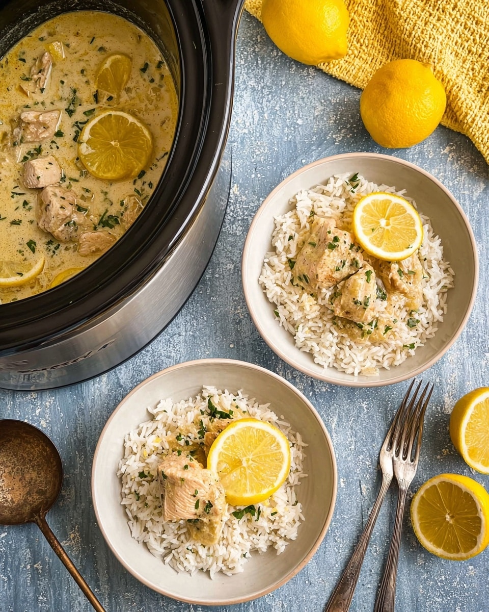 Two white bowls each hold a layer of cooked white rice topped with pieces of light golden cooked chicken, garnished with small fresh green herb sprinkles and a thin slice of bright yellow lemon. To the left, a shiny slow cooker shows more chicken pieces in a creamy, light yellow sauce with visible herbs and lemon slices floating. Above on a yellow textured cloth lies two halves of a lemon and a whole lemon, next to a vintage bronze ladle. Two metal forks rest near the bottom right on a white marbled surface, which replaces the original blue textured surface. Photo taken with an iphone --ar 4:5 --v 7