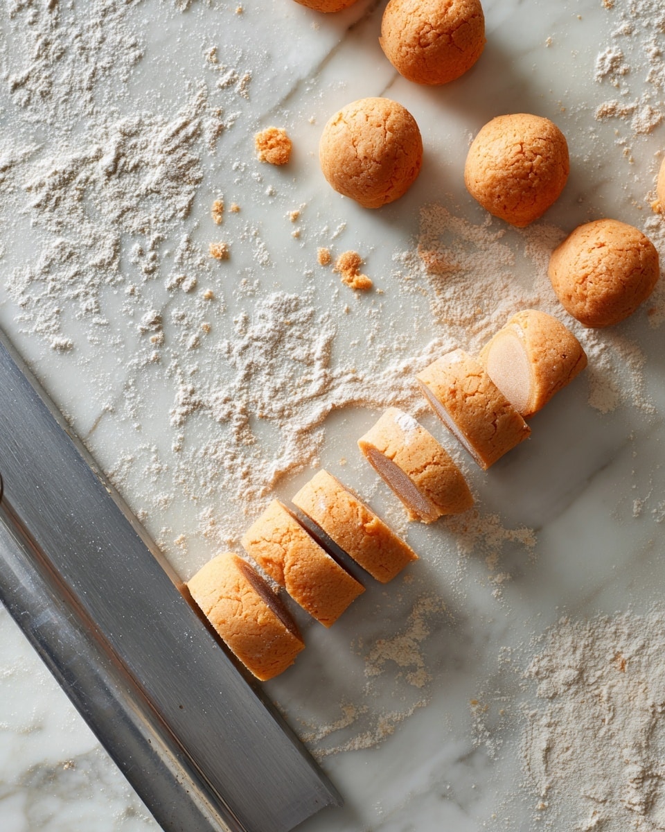 Dough pieces laid out on a white marbled surface with some flour sprinkled around; several small, smooth dough rolls are sliced into small sections lined up in a row, showing a soft, light orange inside; above them are six small round dough balls with a rougher, textured outer surface, also light orange in color; a large metal flat dough cutter lies at the bottom left corner of the image; the scene shows the dough preparation process with a focus on the warm orange color and flour dusting photo taken with an iphone --ar 4:5 --v 7