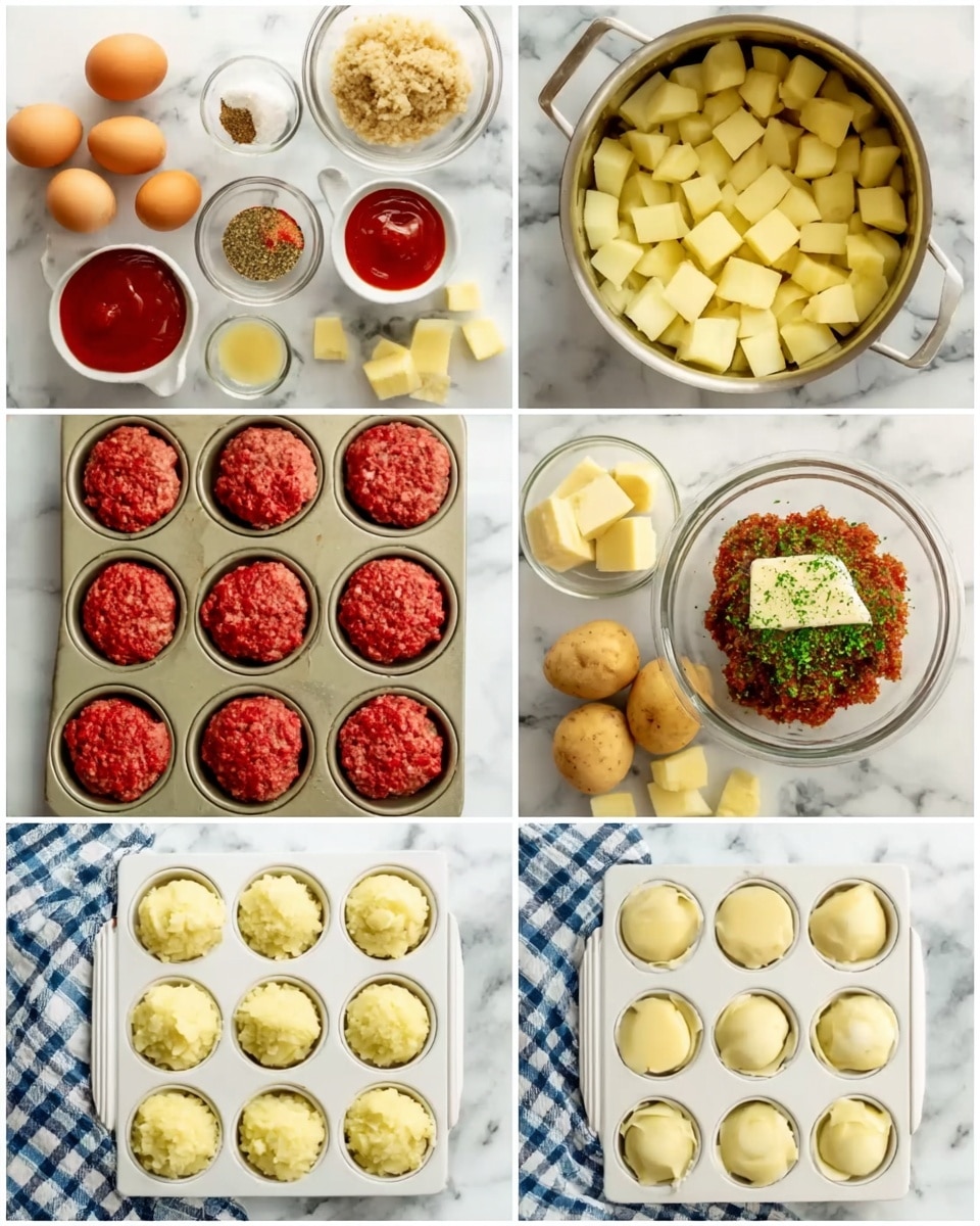 The image shows a white marbled surface with several small white bowls and containers neatly arranged. There is a wooden board at the bottom left with a large mound of raw ground beef on white parchment paper. Above it to the left is a white square bowl filled with several whole, skin-on potatoes. To the right of the potatoes is a small glass bowl with green dried herbs. Next, a small white bowl holds several pieces of yellow butter. Below these are six brown eggs sitting in a white carton. Around the eggs are small bowls with various spices—light yellow powder, light brown dried onion flakes, minced garlic, white salt, and black pepper. There is also a small white bowl filled with pale breadcrumbs, a metal measuring cup filled with bright red ketchup, and a clear glass cup with a white liquid, likely milk. A small dish with dark liquid, probably soy sauce, is included near the spices. Everything is evenly spaced in an orderly layout. Photo taken with an iphone --ar 4:5 --v 7