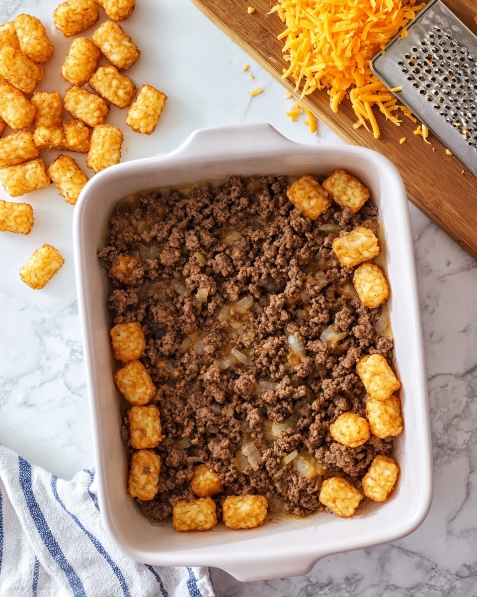 A white square baking dish filled with cooked ground beef mixed with small pieces of translucent cooked onion, spread evenly inside. To the upper left on the white marbled surface, there is a small pile of golden-brown, crispy tater tots, each with a crispy texture and small holes. To the upper right, a wooden board holds a metal grater with some orange cheese beside it, showing shreds of cheese around the grater. A white and blue striped cloth lies below the dish, adding a soft texture at the bottom edge of the frame. Photo taken with an iphone --ar 4:5 --v 7
