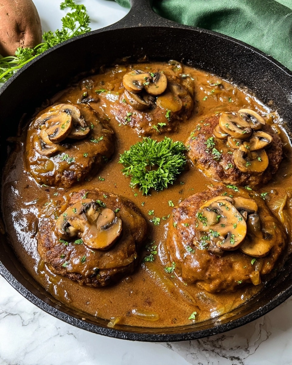 The image shows four round patties covered in a thick brown mushroom sauce inside a black cast iron pan. Each patty is topped with slices of cooked mushrooms, and more mushroom pieces are mixed into the sauce around them. In the center of the pan, there is a small sprig of green parsley adding a fresh touch. The sauce has a smooth texture with bits of onions visible, and the pan sits on a white marbled surface with some green cloth and sweet potato visible in the background. photo taken with an iphone --ar 4:5 --v 7