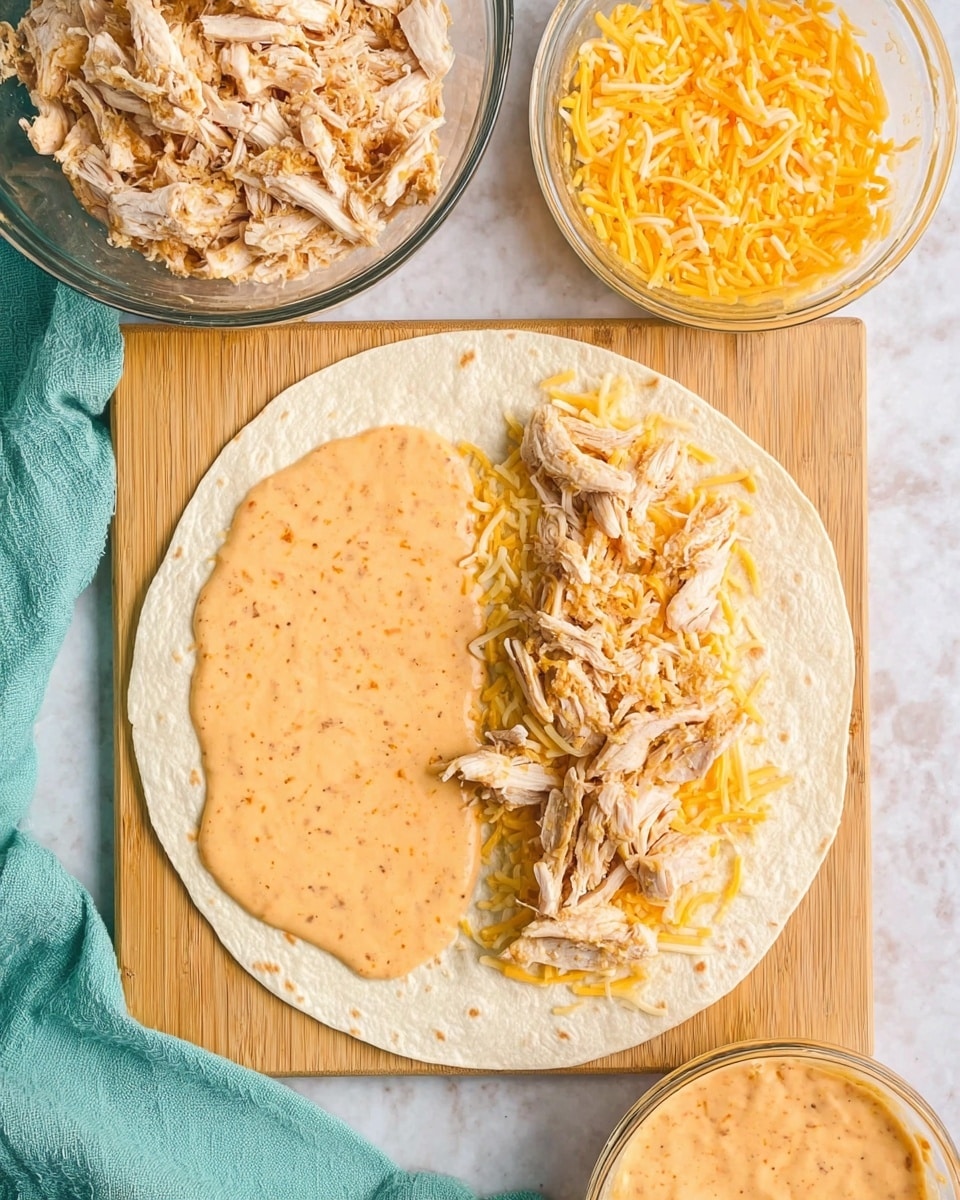 A white tortilla lies flat on a wooden board with two main layers: the left half is covered in a thick layer of light orange creamy sauce with visible specks, and the right half has a base of shredded yellow and white cheese topped with scattered pieces of shredded cooked chicken that are light brown and slightly crispy. Above the board, a glass bowl filled with more shredded chicken is visible on the left, and a white bowl filled with shredded yellow and white cheese is on the right. At the bottom right of the image, a glass bowl contains more of the light orange creamy sauce. A woman's turquoise cloth is tucked in near the bottom left corner, all set against a white marbled surface. photo taken with an iphone --ar 4:5 --v 7