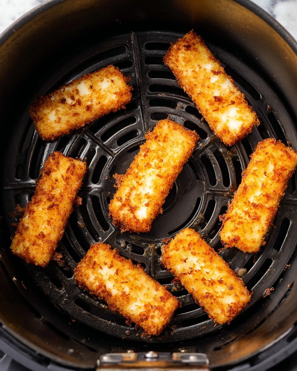 Eight golden brown, crispy rectangular fried sticks with a crunchy texture sit in a black air fryer basket arranged in a circular pattern with some melting cheese slightly oozing out from a few sticks. The basket has a ridged base with circular and radial lines, and the overall look is warm with a close-up top-down view. The background shows a faint white marbled texture seen through small gaps around the air fryer edge. Photo taken with an iphone --ar 4:5 --v 7
