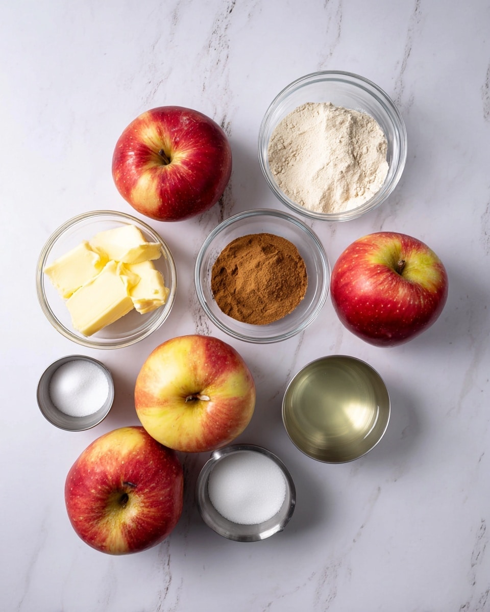 The image shows a top view of seven ingredients placed on a white marbled surface. There are four whole apples with shiny red and yellow skin, arranged loosely in the center and left side. Around them, there are five small clear glass bowls and one small gray bowl. The bowls contain different ingredients: one has a pale yellow soft butter, another has brown cinnamon powder, one holds white sugar, another has light brown sugar, and the smallest metal cup has a clear liquid. The gray bowl contains a white powdery substance. The arrangement is neat and spaced out, with soft natural light highlighting the colors and textures. Photo taken with an iphone --ar 4:5 --v 7