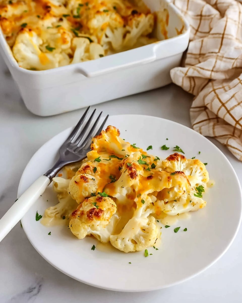 A white plate on a white marbled surface holds a serving of creamy, golden-yellow baked cauliflower cheese with some small browned spots, showing the cheesy sauce melted nicely over the cauliflower florets. Green herb sprinkles are scattered on top and around the dish, adding a fresh color contrast. A silver fork with a white handle rests on the plate next to the food. Behind, a white baking dish with more cauliflower bake and a beige checked cloth are partly visible. photo taken with an iphone --ar 4:5 --v 7