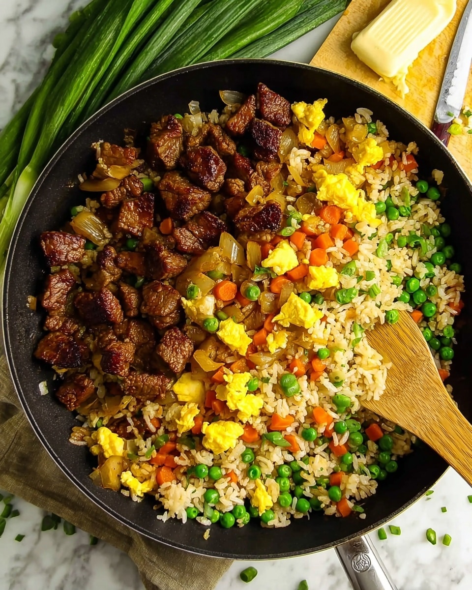 The image shows a black frying pan filled with fried rice mixed with bright green peas as the bottom layer. On top of the rice, there are scrambled eggs broken into chunks with a yellow color, adding a soft texture. Scattered over the eggs and rice are small, diced orange carrots and translucent sautéed onions, giving a colorful and slightly glossy look. The top layer features browned pieces of cooked meat with a rich, dark brown color, adding a meaty texture to the dish. A wooden spatula is partially stirring the food inside the pan. The background is a white marbled surface with green onions and a knife with butter wrapped in paper nearby. Photo taken with an iphone --ar 4:5 --v 7