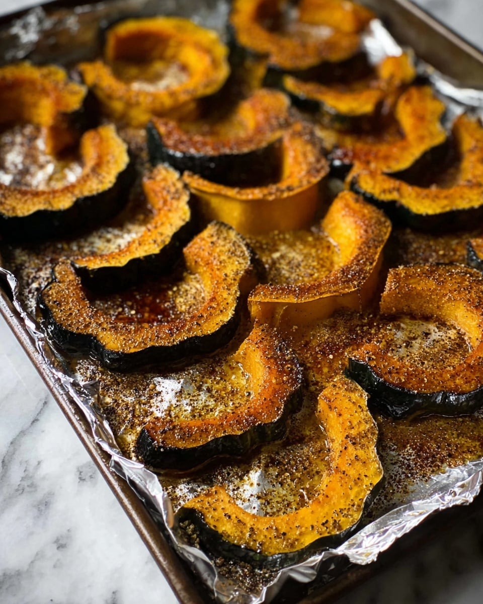 The image shows a baking tray lined with crinkled foil holding two layers of roasted acorn squash slices. Each slice has deep orange flesh with a slightly charred, dark green skin around the edges. The slices are arranged in a scattered pattern, and their surfaces are sprinkled with coarse spices and herbs, giving a textured look with specks of black and brown seasoning. The tray has spots of oil and seasoning residue, adding a glossy shine in some areas. The setting is on a white marbled surface, enhancing the warm tones of the squash photo taken with an iphone --ar 4:5 --v 7