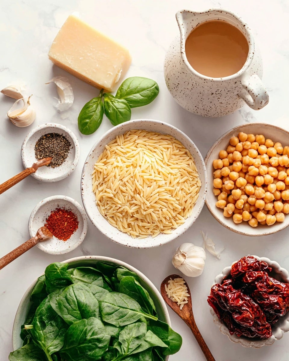 The image shows several ingredients on a white marbled surface. In the center, a round bowl holds pale yellow orzo pasta with a dry, smooth texture. Below it and slightly to the left, a white plate contains fresh green spinach leaves with a shiny surface. To the right of the pasta, a small bowl filled with golden chickpeas with a soft texture sits next to a white speckled pitcher filled with light brown broth. Above the pasta, a small white plate holds a beige block of cheese with a smooth surface. To the left, a round white plate has two ceramic spoons filled with black pepper and reddish paprika, and a wooden spoon carrying mixed green herbs. Near this plate are two peeled garlic cloves and some basil leaves. A woman's hand holds a small white bowl filled with dark red sun-dried tomatoes. The setting is bright, clean, and neatly arranged. Photo taken with an iphone --ar 4:5 --v 7