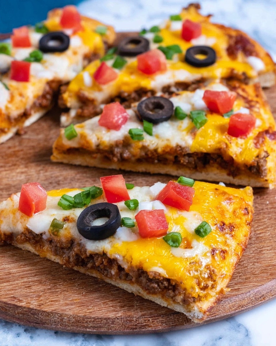 The image shows a small pizza cut into four slices on a wooden board. The pizza has two crisp yellow corn tortilla layers as the base and top. Between these layers, there is a dark brown cooked ground beef layer. On top, there is a thick layer of melted yellow cheddar cheese with some red tomato sauce visible underneath. The pizza is decorated with small pieces of red tomato, slices of black olives, and green chopped spring onions. Around the board, there are lime wedges and scattered spring onions. In the background, a white plate with another similar pizza resting on a white marbled surface is partially visible. Photo taken with an iphone --ar 4:5 --v 7