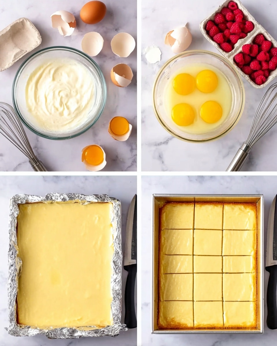 The image shows four steps of making a creamy yellow dessert. The first part has a clear glass bowl with a creamy white batter and five yellow egg yolks resting on top, surrounded by a whisk, eggshells, and raspberries on a white marbled surface. The second part shows a rectangular white tray lined with foil, filled with smooth, pale yellow batter evenly spread out. The third section displays the same tray with the batter baked golden brown around the edges and creamy yellow in the middle. The last part shows the tray with the dessert cut into twelve square pieces with a black knife nearby on the white marbled surface. Photo taken with an iphone --ar 4:5 --v 7