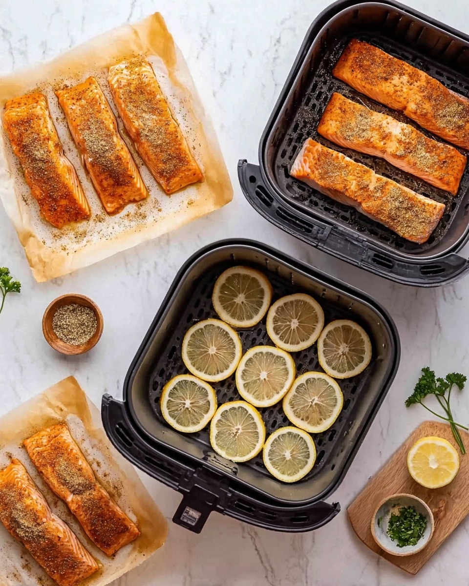 The image shows four large salmon fillets placed on parchment paper on a white marbled surface, each fillet covered with a light brown spice mix, with a few kitchen items like a bowl of seasoning and fresh parsley nearby. Next, a square black air fryer basket contains two rows of thin lemon slices arranged flat, nine slices in total, sitting evenly across the bottom. In the next step, the salmon fillets, seasoned on top, are laid on the lemon slices inside the air fryer basket, showing two fillets in a neat row, the orange color of the salmon contrasting with the white and slightly translucent lemon slices below. In the last frame, the salmon fillets have turned a darker golden brown, showing a crisp texture on top, still placed over the lemon slices inside the air fryer basket with a white marbled surface background. Photo taken with an iphone --ar 4:5 --v 7