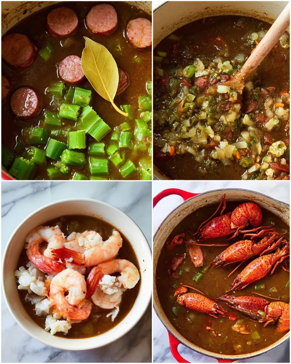 The image shows four stages of making a seafood stew. The first stage in the top left shows a pot with slices of browned sausage, chunks of bright green okra, and a yellow bay leaf floating in a dark brown broth. The top right image shows the stew simmering, with pieces of sausage, okra, and diced celery visible in the thick, dark brown liquid, a wooden spoon stirring the mixture. The bottom left image shows the base stew in a white bowl with raw pink shrimp, white crab meat, and red lobster pieces placed on top. The bottom right image shows the finished seafood stew served in a white pot with red handles, containing cooked shrimp, sausage slices, crab, and lobster pieces in a rich brown broth, all stirred with a wooden spoon, and two crab legs resting on the pot edge, with a white marbled surface underneath photo taken with an iphone --ar 4:5 --v 7
