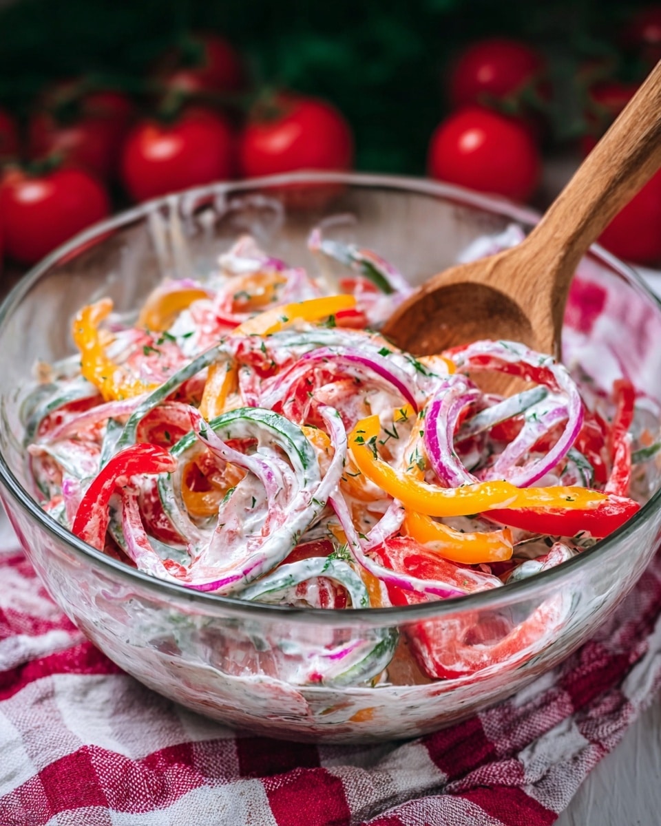 The image shows a clear glass bowl filled with a fresh vegetable salad. Inside, there are three visible layers: thin slices of red bell peppers and yellow bell peppers, with thin rings of purple onion scattered throughout. The vegetables are coated in a creamy white dressing mixed with small green herbs, creating a fresh and colorful texture. A wooden spoon with a long handle is placed inside the bowl, partly submerged in the salad. The bowl is set on a red and white checkered cloth, with some ripe red tomatoes and greenery blurred in the background. Photo taken with an iphone --ar 4:5 --v 7