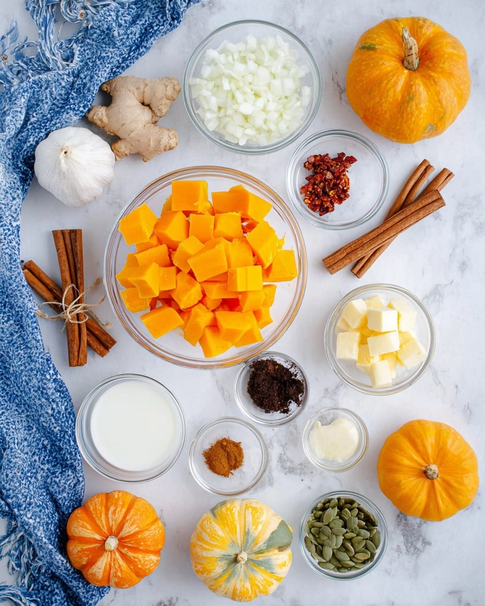 The image shows various ingredients arranged neatly on a white marbled surface. In the center, there is a clear bowl filled with bright orange pumpkin cubes. Around it, there are smaller clear bowls containing white chopped onions, yellow butter cubes, a creamy white liquid, dark brown paste, red chili flakes, grated ginger, and minced garlic. Whole spices include cinnamon sticks tied with a string, two whole nutmegs, and pumpkin seeds scattered around. There are also three small whole pumpkins of different orange and yellow shades placed around the bowls, along with a whole garlic bulb and a piece of fresh ginger root on the left side near a blue and white cloth. Photo taken with an iphone --ar 4:5 --v 7