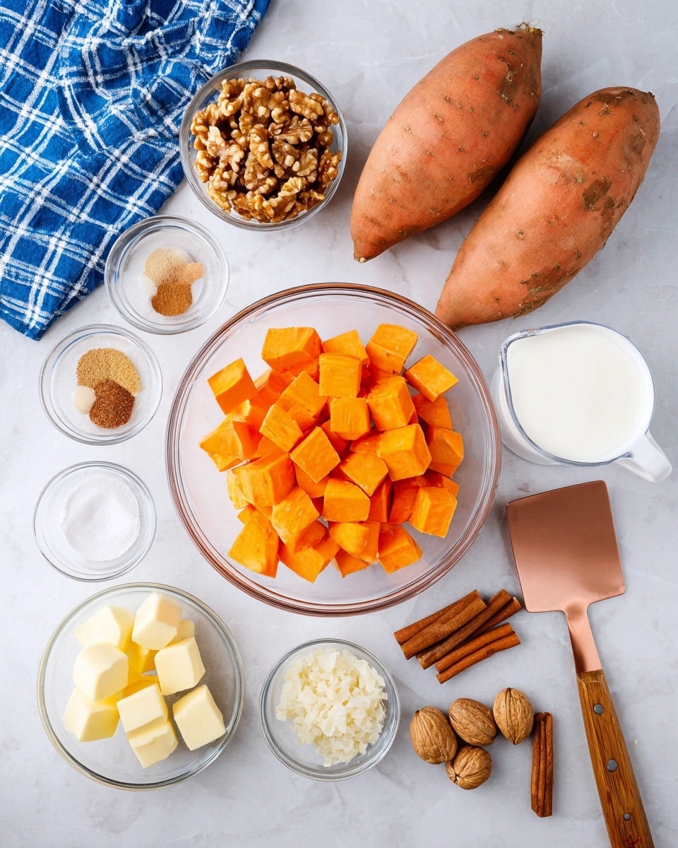 A white bowl filled with vibrant orange mashed sweet potatoes that have a smooth yet slightly chunky texture. The top layer is decorated with golden-brown caramelized pecans scattered evenly across the surface. Two small cubes of pale yellow butter sit atop the mash, adding a creamy contrast. The bowl is placed on a white marbled surface with a hint of silver utensils and a cinnamon stick bundle in the background. photo taken with an iphone --ar 4:5 --v 7