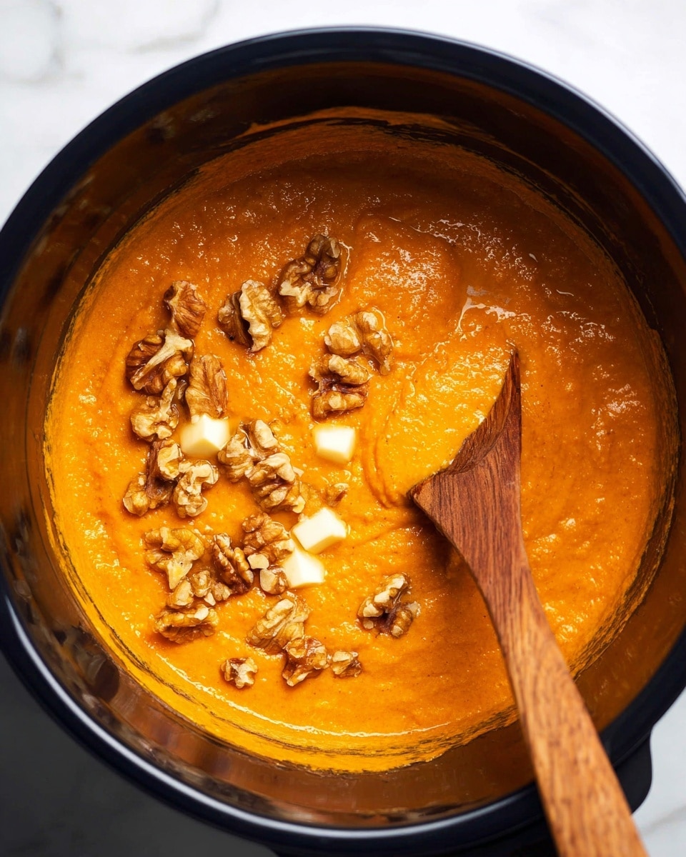 A top view of various ingredients arranged neatly on a white marbled surface, featuring a large clear bowl filled with bright orange cubed sweet potatoes in the center, two whole sweet potatoes placed around it, a white measuring cup filled with milk at the top right, and a stack of walnuts in a small clear bowl at the top left. Below the sweet potatoes are small glass bowls containing light brown sugar, pale yellow cubed butter, and three tiny bowls of ground cinnamon, salt, and ground nutmeg. Two cinnamon sticks and a whole nutmeg are arranged near the center bottom, with a wooden spatula with a copper handle on the right. A blue and white checkered cloth is placed at the far left edge. Photo taken with an iphone --ar 4:5 --v 7